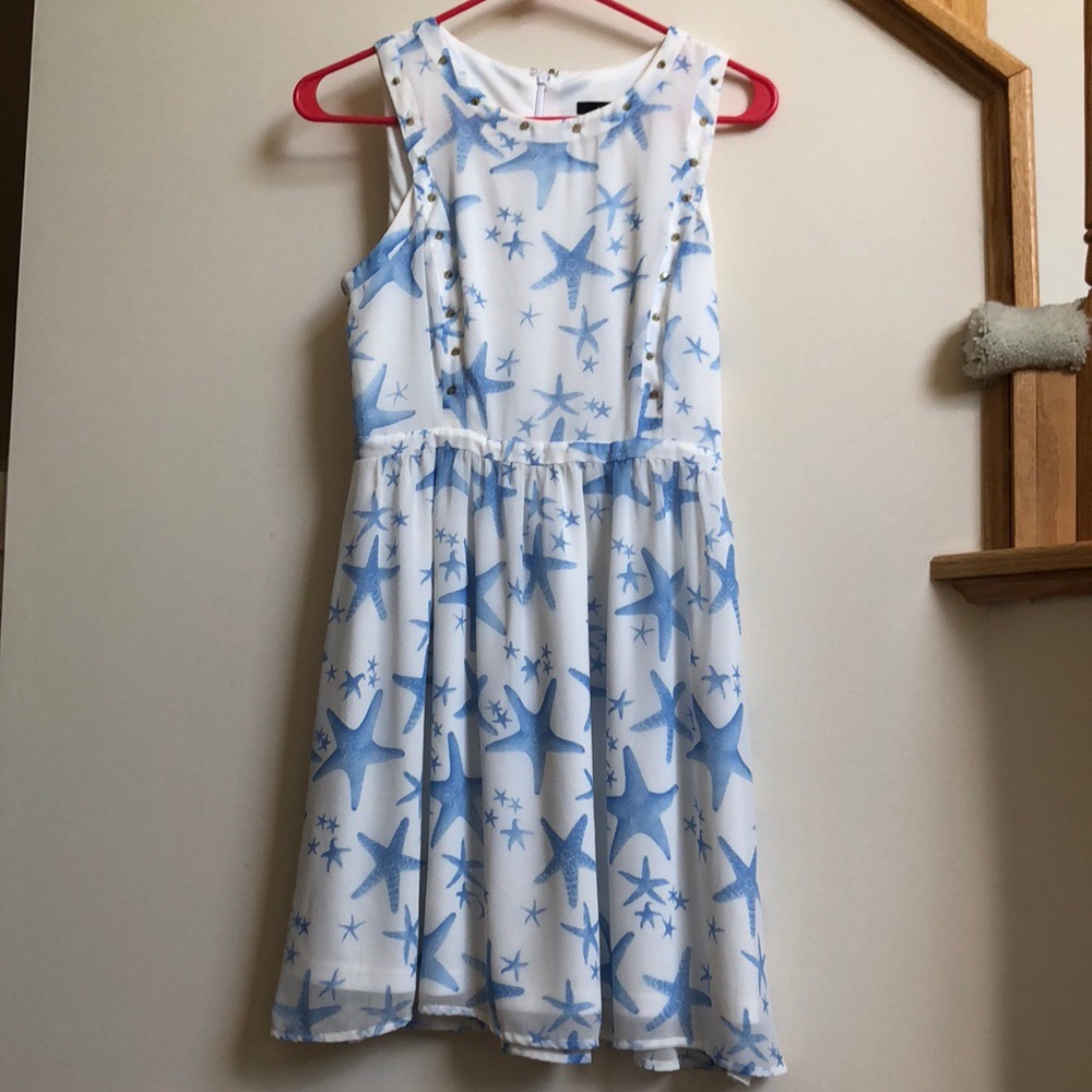 White studded mini dress with blue starfishes